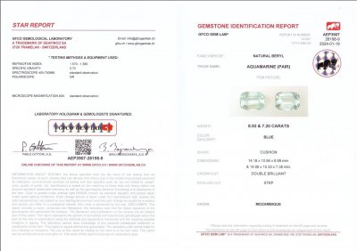 Certificate Pair of large cushion-cut blue aquamarines 16.12 ct, Mozambique