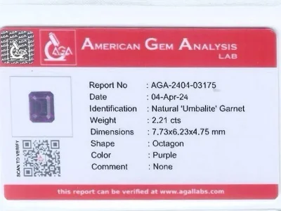 Certificate Octagon cut umbalite garnet 2.21 carats