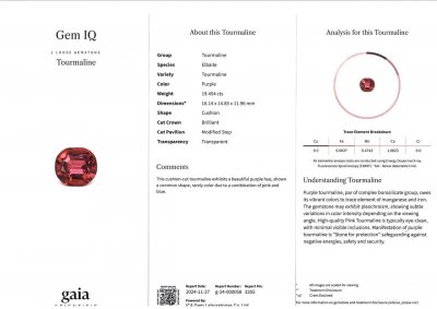 Certificate Large tourmaline rubelite 19.45 carats cushion cut, Nigeria