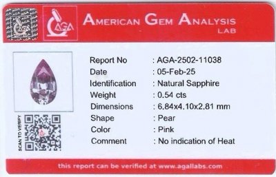 Certificate Unheated pink sapphire pear cut 0.54 carats, Madagascar