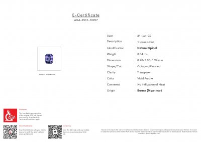 Certificate Vivid purple spinel in octagon cut 3.54 carats, Burma