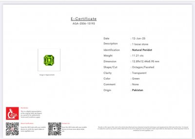 Certificate Large green peridot octagon cut 11.21 carats, Pakistan
