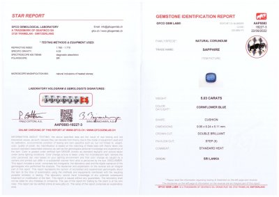 Certificate Bright cornflower blue cushion cut sapphire 5.03 ct, Sri Lanka