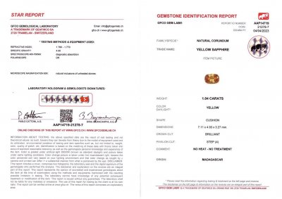 Certificate Untreated Yellow Sapphire Cushion Cut from Madagascar 1.04 ct