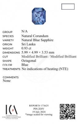 Certificate Untreated blue sapphire in radiant cut 0.93 carats, Sri Lanka