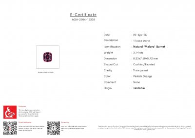 Certificate Rhodolite garnet cushion cut 3.14 carats, Tanzania