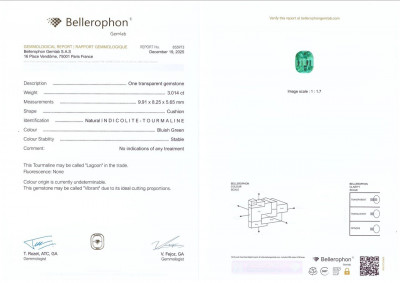 Certificate Vibrant Lagoon Tourmaline in cushion cut 3.01 carats, Afghanistan