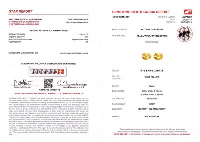 Certificate Pair of unheated oval yellow sapphires 1.44 ct, Madagascar