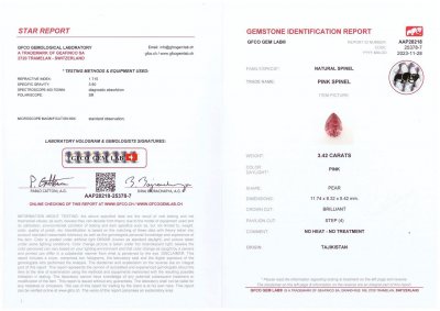 Certificate Intense pink pear-cut spinel 3.42 carats, Tajikistan