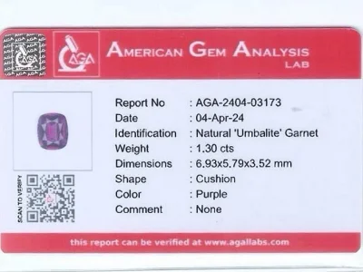 Certificate Cushion cut umbalite garnet 1.30 carats