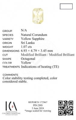 Certificate Yellow radiant cut sapphire 1.07 carats, Sri Lanka