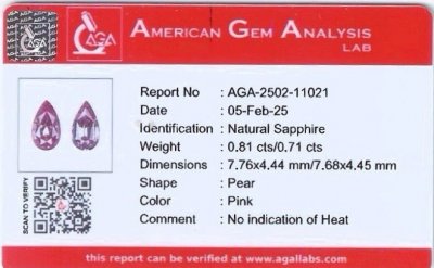 Certificate Pair of unheated purple sapphires pear cut 1.52 carats, Madagascar