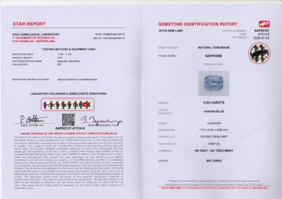 Certificate Unheated sapphire violetish blue cushion cut 2.02 carats, Sri Lanka