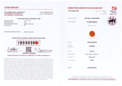 Certificate Vivid orange clinohumite 3.88 carats in round cut, Afghanistan