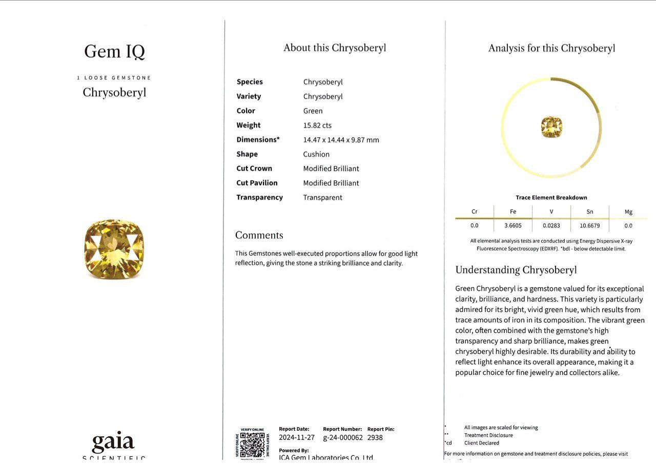 Rare golden chrysoberyl in cushion cut 15.82 carats Image №6