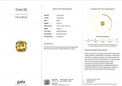 Certificate Rare golden chrysoberyl in cushion cut 15.82 carats