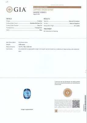 Certificate Unheated blue sapphire in cushion cut 4.88 carats, Sri Lanka