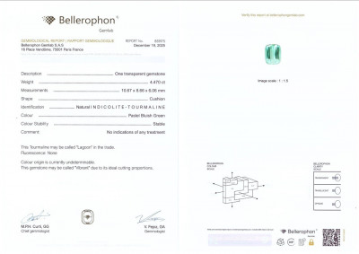 Certificate Vibrant Lagoon tourmaline in cushion cut 4.47 carats, Afghanistan