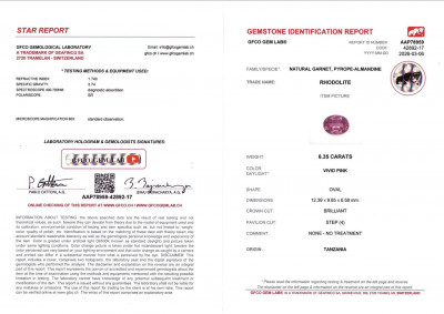Certificate Garnet rhodolite Vivid Pink oval cut 6.35 carats, Tanzania