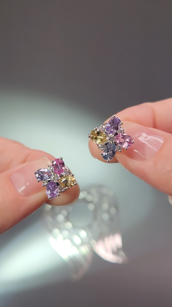 Earrings with multicolored sapphires 3.52 carats and diamonds in 18K white gold Image №2