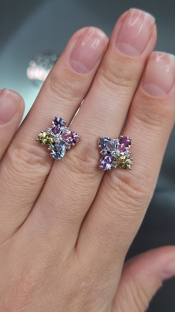 Earrings with multicolored sapphires 3.52 carats and diamonds in 18K white gold Image №3