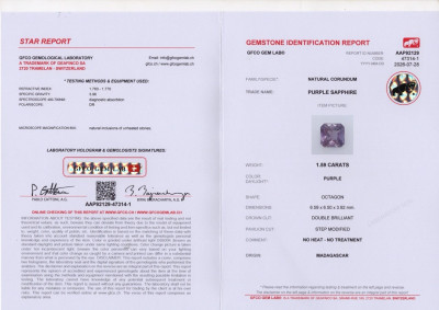 Certificate Unheated purple sapphire radiant cut 1,59 carats, Madagascar