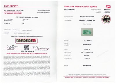 Certificate Paraiba tourmaline, cushion cut 1.35 ct, Mozambique