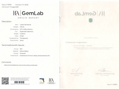 Certificate Zambian emerald in sugarloaf cut 4.82 carats