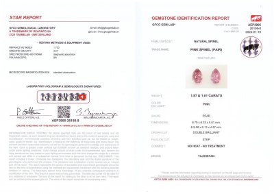 Certificate Pair of pink spinels in pear cut 3.48 carats, Tajikistan