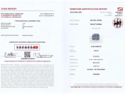 Certificate 2.49ct Cushion Cut Violet Spinel, Tanzania