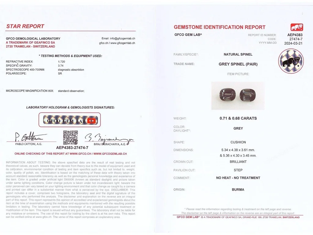 Pair of gray cushion-cut spinels 1.39 carats, Burma Image №5