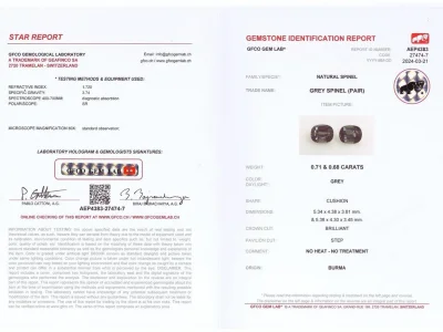 Certificate Pair of gray cushion-cut spinels 1.39 carats, Burma