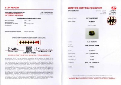 Certificate Pair of cushion cut peridots from Burma 6.84 carats 
