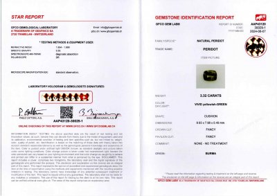 Certificate Pair of cushion cut peridots from Burma 6.84 carats 