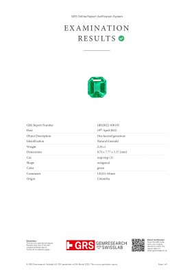 Certificate Vibrant green Colombian emerald in octagon cut 2.34 carats 
