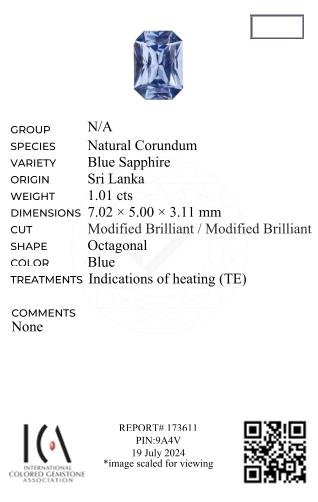 Radiant cut blue sapphire 1.01 carats, Sri Lanka Image №6