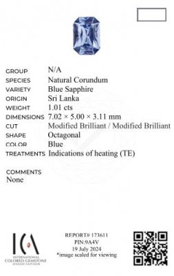 Certificate Radiant cut blue sapphire 1.01 carats, Sri Lanka