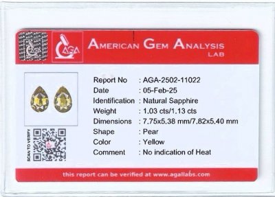 Certificate Pair of unheated yellow sapphires pear cut 2.16 carats, Madagascar