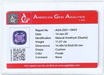 Certificate Amethyst cushion cut 11.07 carats, Brazil 