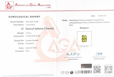 Certificate Green-yellow sphene in radiant cut 7.38 carats, Madagascar