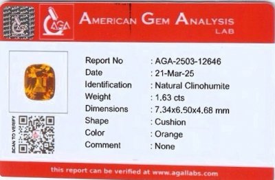 Certificate Vivid orange clinohumite in cushion cut 1.63 carats, Afghanistan