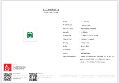 Certificate Large tourmaline Lagoon cushion cut 12.35 carats, Afghanistan 