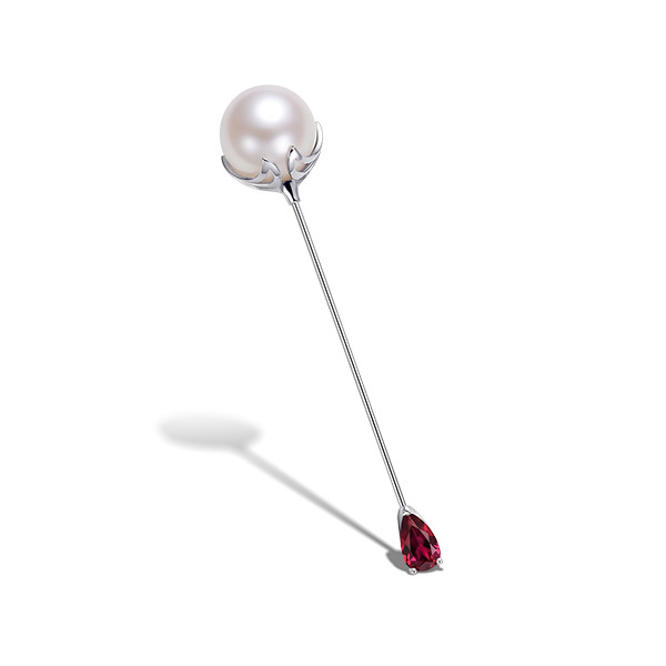 Pin brooch with South Sea pearl and Pigeon's Blood ruby in 18K white gold Image №1