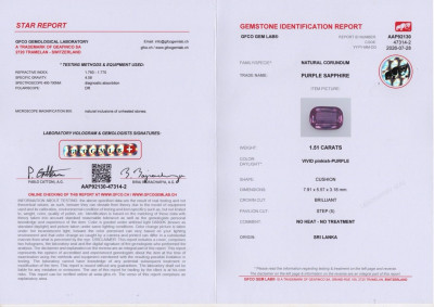Certificate Unheated vivid purple sapphire cushion cut 1.51carats, Sri Lanka