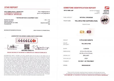 Certificate Pair of untreated purple and yellow cushion cut sapphires 1.38 ct