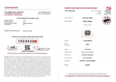Certificate Radiant-cut steel gray spinel 1.38 ct, Burma