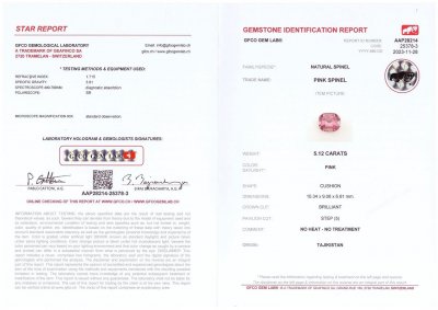 Certificate Rare vivid pink spinel from Tajikistan in cushion cut 5.12 ct
