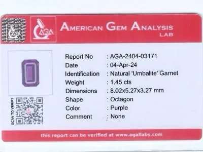 Certificate Octagon cut umbalite garnet 1.45 carats