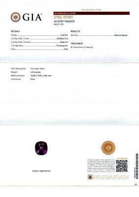Certificate Mauve color spinel in cushion cut 4.25 carats, Burma