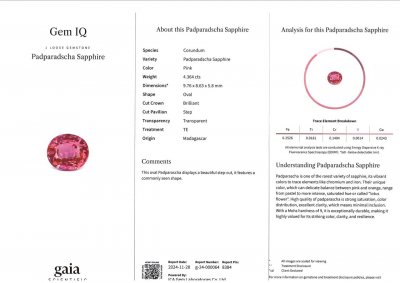Certificate Unheated Vivid Pink Padparadscha Sapphire oval cut 4.36 carats, Madagascar